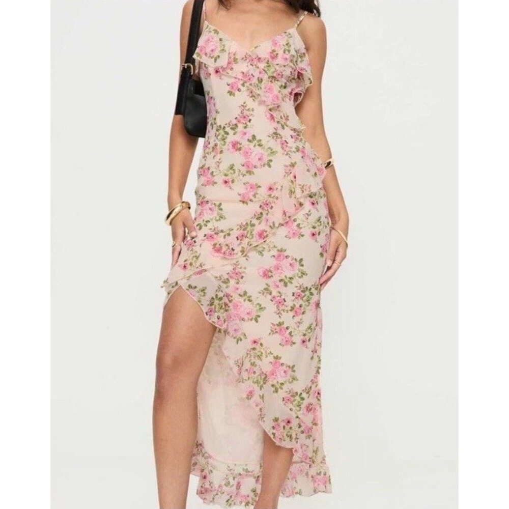 Princess Polly Garys Midi Dress Cream Pink‎ Floral Ruffle Coquette US Sz 4 NEW